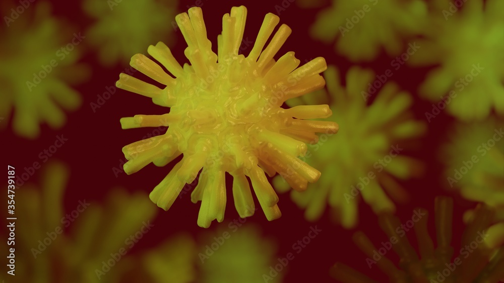 Coronavirus sars-cov-2 with long spikes on a dark background, multiple cells, 3D render illustration Coronavirus sars-cov-2 with long spikes on a dark background, multiple cells, 3D render illustration