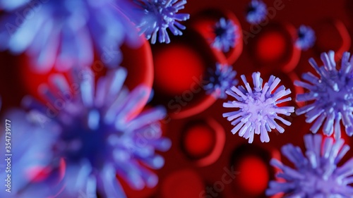 Coronavirus sars-cov-2 causing COVID-19 with red blood cells on a dark background. 3D render illustration	 photo