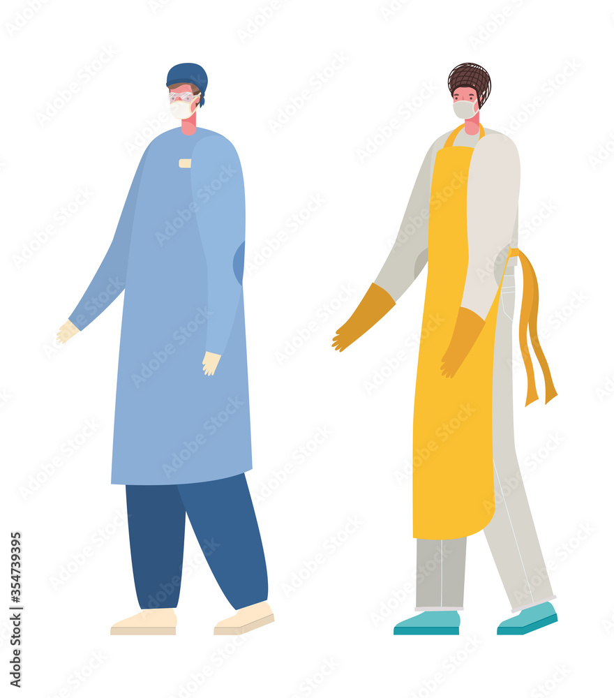 Isolated male doctor and cook with masks vector design