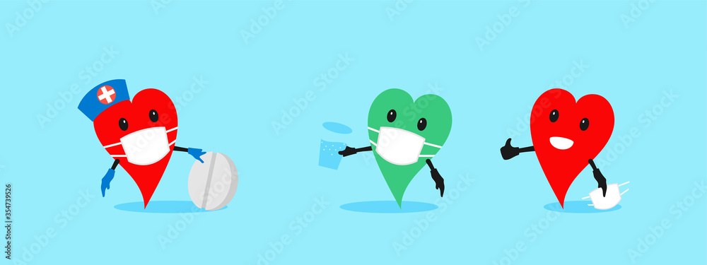 Flat heart characters doctor and patient. Comics about treatment for coronavirus. Vector illustration Flat heart characters doctor and patient. Comics about treatment for coronavirus. Vector illustration