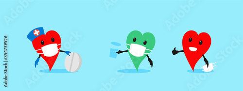 Flat heart characters doctor and patient. Comics about treatment for coronavirus. Vector illustration