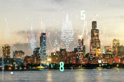 Multi exposure of virtual abstract financial diagram on Chicago office buildings background, banking and accounting concept © Pixels Hunter