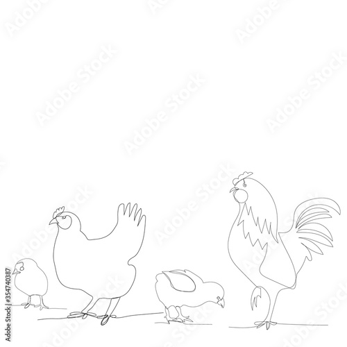 continuous line drawing of chickens and chicken, rooster