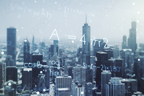 Scientific formula illustration on Chicago cityscape background, science and research concept. Multiexposure