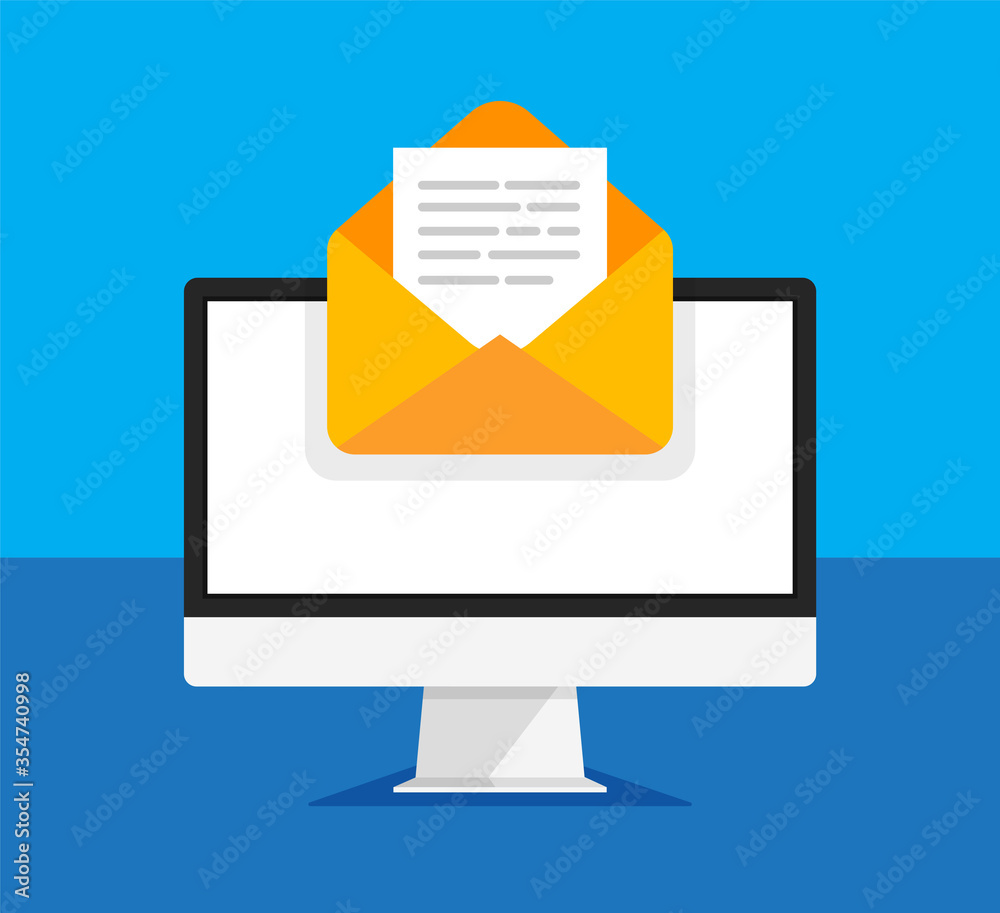 Computer monitor with open envelope and document on a screen. Getting or send new letter. E-mail, email marketing, internet advertising concepts in trendy style. Vector illustration. Computer monitor with open envelope and document on a screen. Getting or send new letter. E-mail, email marketing, internet advertising concepts in trendy style. Vector illustration.