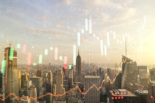 Multi exposure of virtual abstract financial graph hologram and world map on Manhattan cityscape background, financial and trading concept