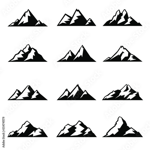 Mountain hills  rocks and peaks. Silhouette icon vector illustration. Logo art design clip art sets.