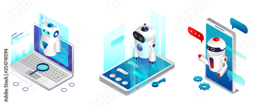 Artificial Intelligence Concept. Chatbot and Modern Marketing. AI And Business IOT concept. Modern Chatbot Applications Of Different Devices. Dialog Help Service. Isometric 3D Vector illustration photo