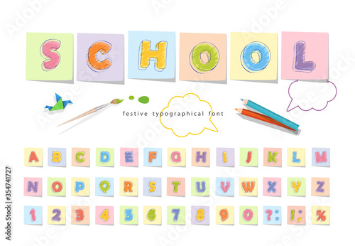 Font pencil crayon for kids. Handwritten, scribble. Vector