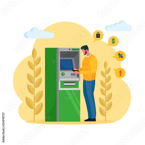 ATM bank terminal. Man customer standing near credit card reader machine and withdraw money. Vector cartoon design