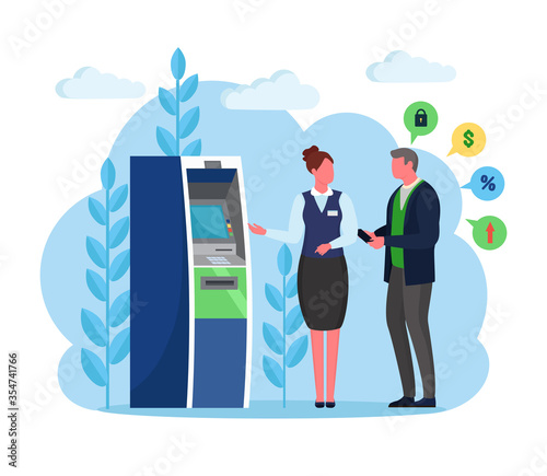 ATM bank terminal. Man customer and banking employee standing near credit card reader machine and withdraw money. Client with manager isolated on background. Vector cartoon design
