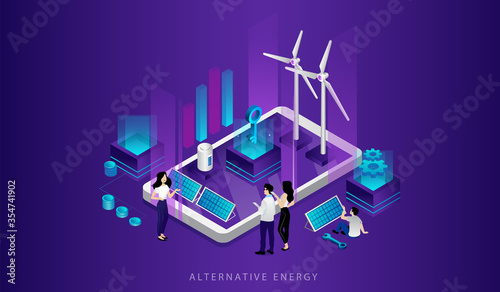 Concept Of Eco Technologies. Men, Women Use Alternative Energy Sources. Friendly Renewable Energy Saving. Power Plant Station With Solar Panels, Windmill Turbines. Isometric 3D Vector Illustration
