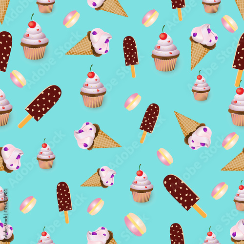  Sammer  seamless pattern with ice creme and cupcake. Vector illustration. Design wallpaper, fabrics, postal packaging.