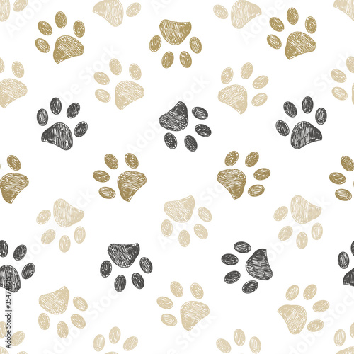 Doodle grey and gold paw print seamless fabric design repeated pattern background