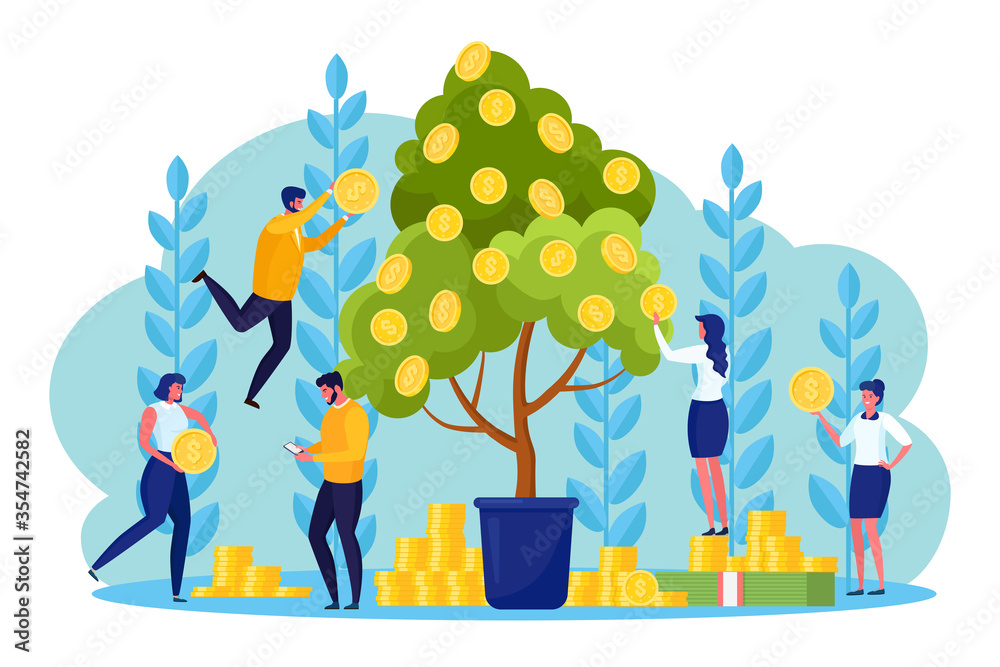 Money tree with gold coins and successful businessman, people. Stack of cash, currency. Plant with dollars. Financial profit, success concept. Vector cartoon design
