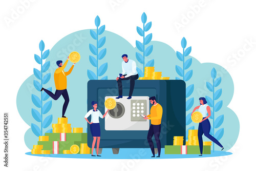 Electronic safe box with stack of dollars. Bank vault with employee, money storage with lock code isolated on white background. Businessman secure protects treasure.Characters with coins Vector design