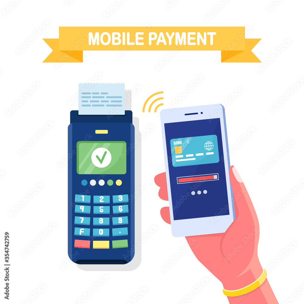 Payment machine with credit, debit card. POS terminal, nfc device with white mobile phone. Transfer, pay by contactless system. Vector cartoon design Payment machine with credit, debit card. POS terminal, nfc device with white mobile phone. Transfer, pay by contactless system. Vector cartoon design