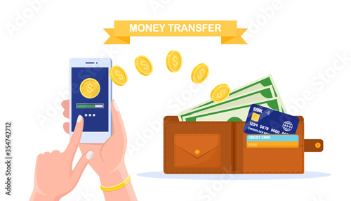 Money transfer with digital wallet. Cashback, reward concept. Human hand holding mobile phone with banking app, purse with cash, coin, credit card, dollar bill. Online payment. Vector flat design