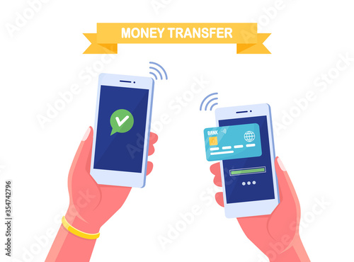 Transfer money by mobile phone. Banking transaction by digital wallet. Human hands holding smartphone with credit, debit card on screen. Easy payment concept. Vector cartoon design