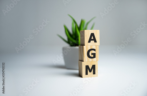 AGM Annual general meeting acronym on wooden cubes on dark wooden backround. Business concept. photo