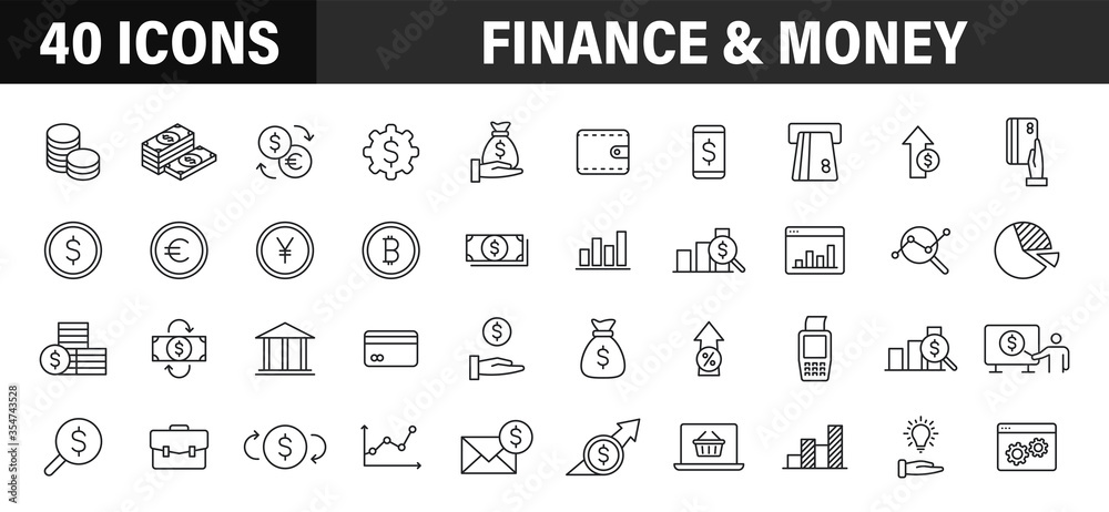 Set of 40 Finance and Money and Payment web icons in line style. Business, investment, financial, banking ,dollar, bank, cash, coin exchange, pay. Vector illustration.