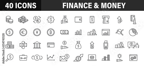 Set of 40 Finance and Money and Payment web icons in line style. Business, investment, financial, banking ,dollar, bank, cash, coin exchange, pay. Vector illustration.