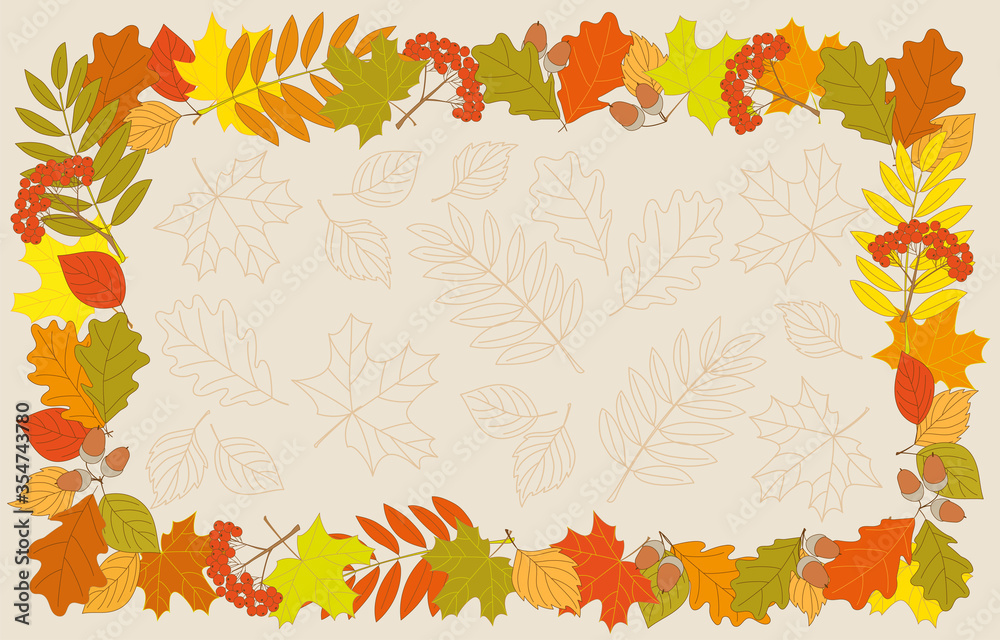 Colorful autumn foliage frame and contour drawing leaves Colorful autumn foliage frame and contour drawing leaves