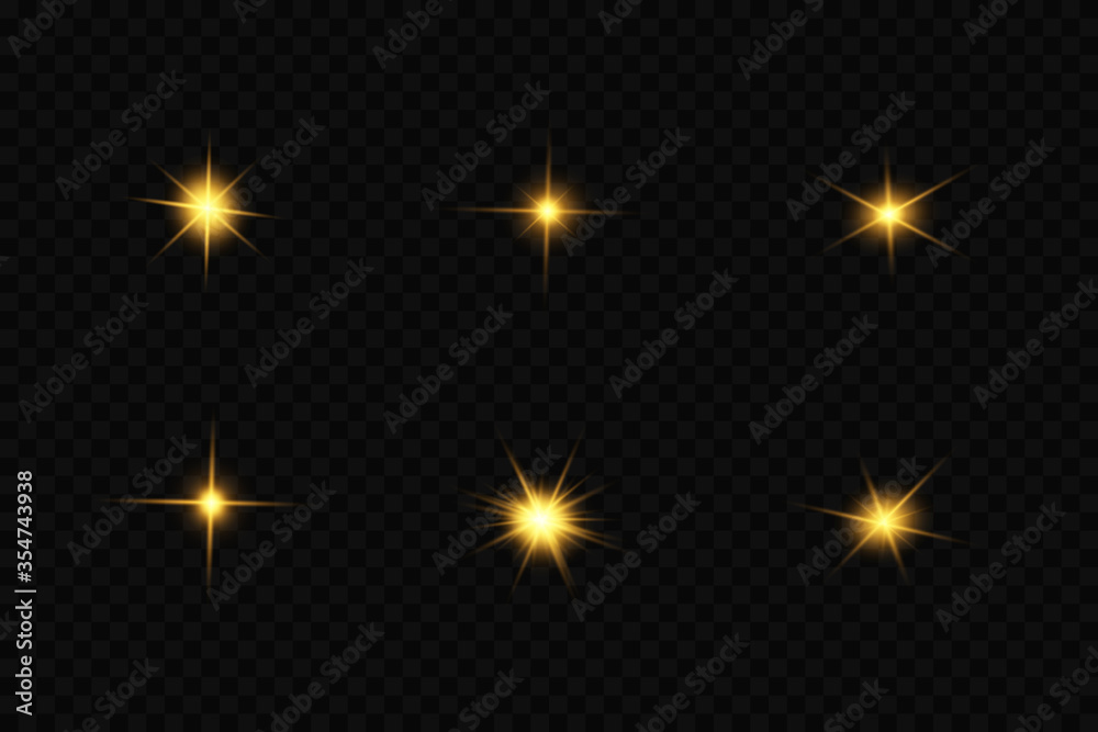 Glow isolated yellow light effect set, lens flare, explosion, glitter, line, sun flash and stars. Abstract special effect element design. Shine ray with lightning. Set of gold bright beautiful stars Glow isolated yellow light effect set, lens flare, explosion, glitter, line, sun flash and stars. Abstract special effect element design. Shine ray with lightning. Set of gold bright beautiful stars