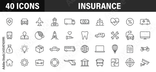 Set of 40 Insurance web icons in line style. Business, health, policy, tornado, flood, help. Vector illustration.