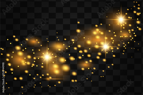 Glow isolated yellow light effect set, lens flare, explosion, glitter, line, sun flash and stars. Abstract special effect element design. Shine ray with lightning. Set of gold bright beautiful stars