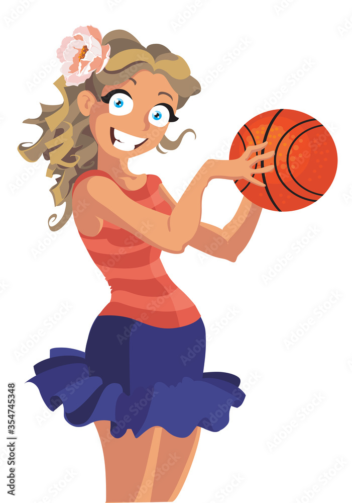 Cartoon girl with basketball isolated on a white background