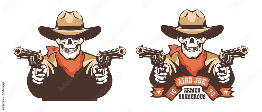 Skull cowboy western bandit with guns. Skeleton gunslinger - retro wild west vector illustration. - obrazy, fototapety, plakaty 