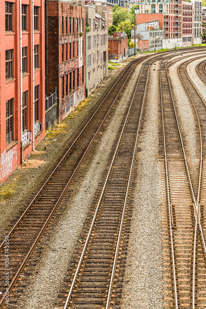 Train tracks leading into the urban core