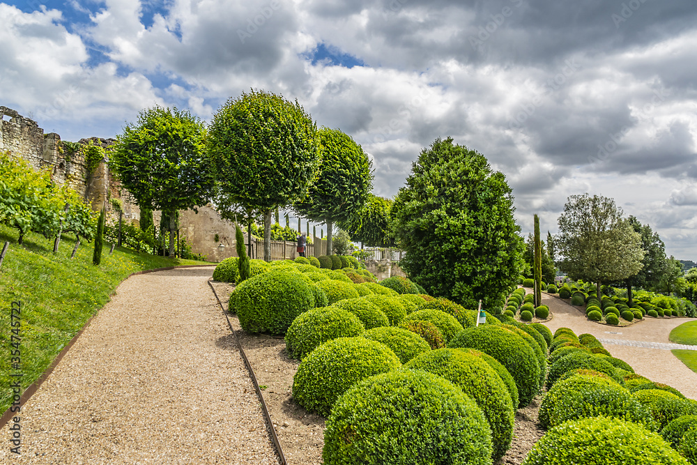 Amazing ornamental garden near Chateau d'Amboise (late 15th century). Amboise, Indre-et-Loire, Loire Valley, France.