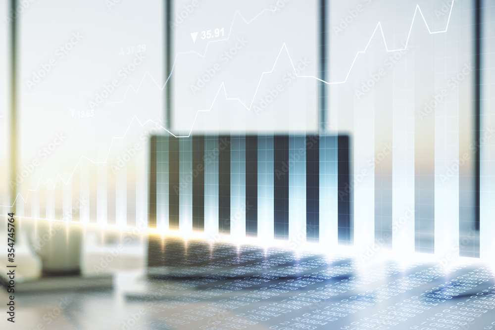 Double exposure of abstract creative financial diagram on modern laptop background, banking and accounting concept Double exposure of abstract creative financial diagram on modern laptop background, banking and accounting concept