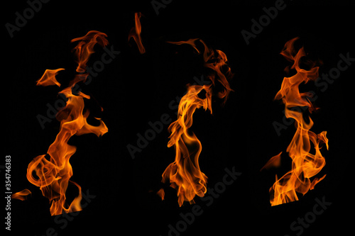 Fire burning flame collection set on black background for graphic design purpose.