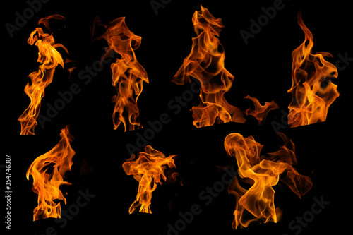 Fire burning flame collection set on black background for graphic design purpose.