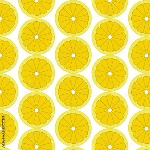 Vector flat illustration. Seamless pattern with sliced lemon isolated on white. Design for textile, fabric, wrapping, scrapbooking, packaging, poster, banner, summer, tropical.