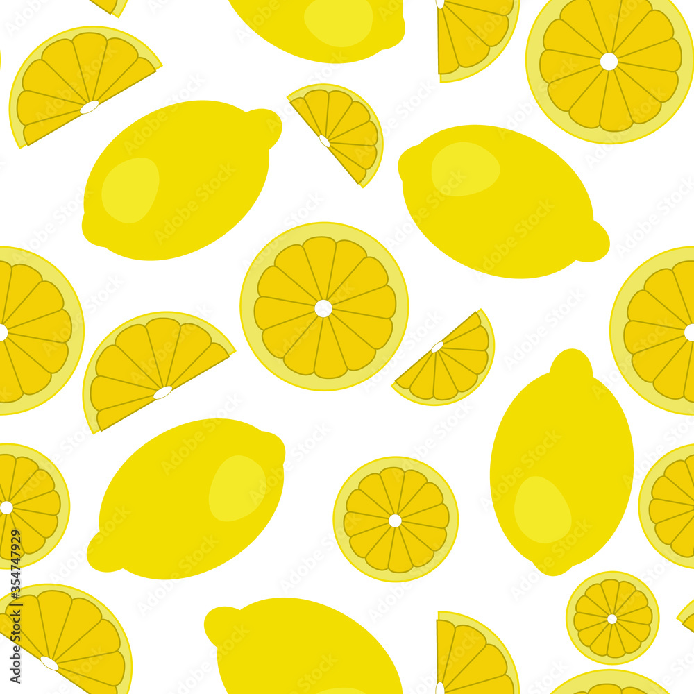 Vector flat illustration. Seamless pattern of cut in half, sliced on pieces fresh lemons isolated on white background. Vibrant juicy ripe citrus fruit collection. Design for textile, fabric, wallpaper
