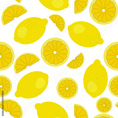 Vector flat illustration. Seamless pattern of cut in half, sliced on pieces fresh lemons isolated on white background. Vibrant juicy ripe citrus fruit collection. Design for textile, fabric, wallpaper photo