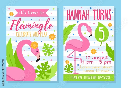 Time to flamingle celebrate and play invitation template vector illustration. Kid turns five flat style. Address information for party. Happy bday concept. Isolated on blue background photo