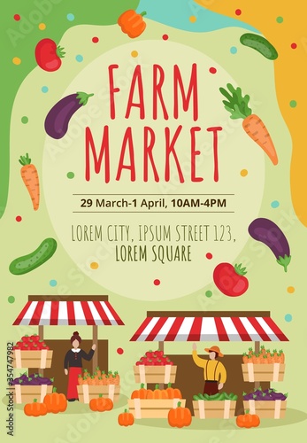 Farm market poster template with inscription vector illustration. Juicy fresh vegetables and red lettering flat style. Address information about event. Harvest concept