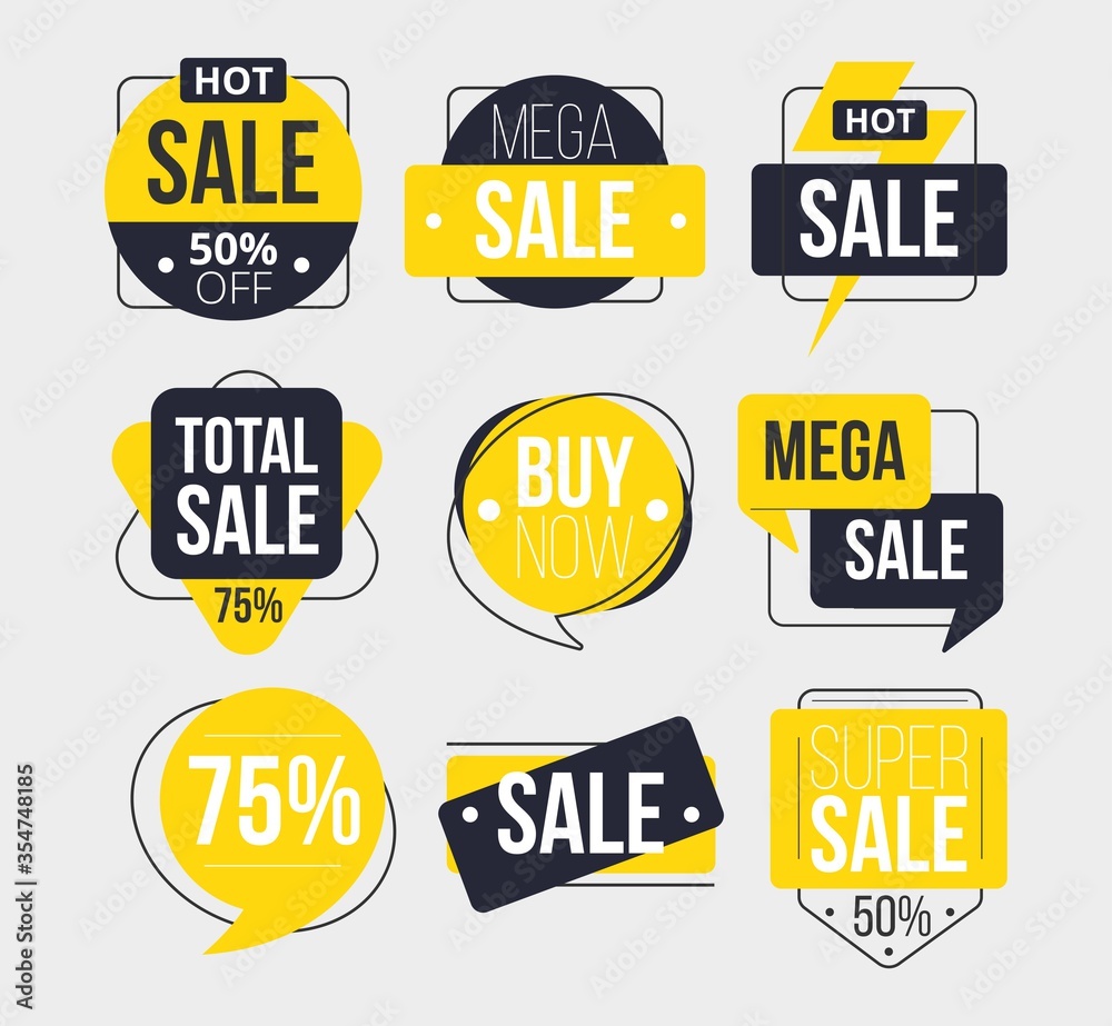 Obraz premium Abstract sale labels set with inscription vector illustration. Total super mega sale buy now flat style. Ad or promo. Shopping concept. Isolated on grey background