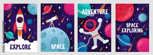 Abstract cosmic cards set with lettering vector illustration. Explore space and adventure text flat style. Cosmonaut and spaceship. Galaxy concept. Isolated on grey background