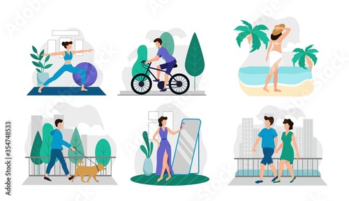Composition of lifestyle situations with people set vector illustration. Yoga time riding bicycle walking with dog relaxing on island flat style. Life concept. Isolated on white background