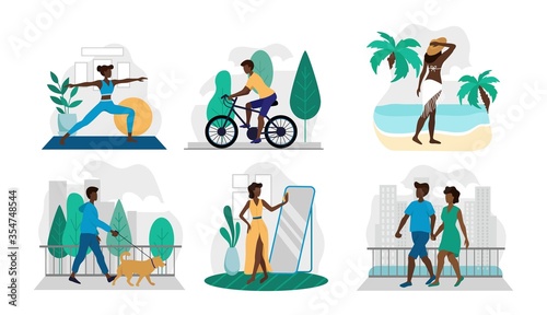 Set of different lifestyle situations in pics vector illustration. Afro american couple walking woman doing yoga guy riding bike flat style. Spare time concept. Isolated on white background