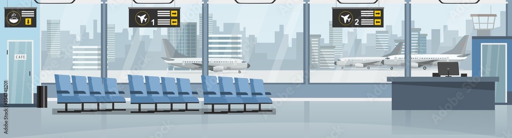 Empty airport with airplanes and terminal vector illustration. Blue seats for passengers flat style. Departure and arrive. Travel abroad and journey concept