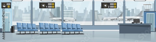 Empty airport with airplanes and terminal vector illustration. Blue seats for passengers flat style. Departure and arrive. Travel abroad and journey concept