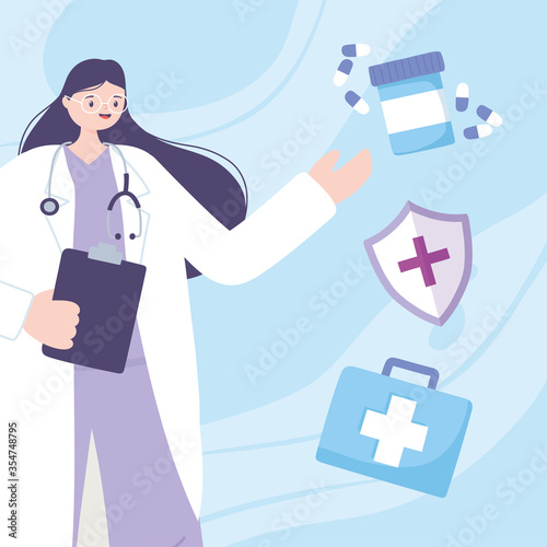 telemedicine, female physician with stethoscope kit first aid and medicine