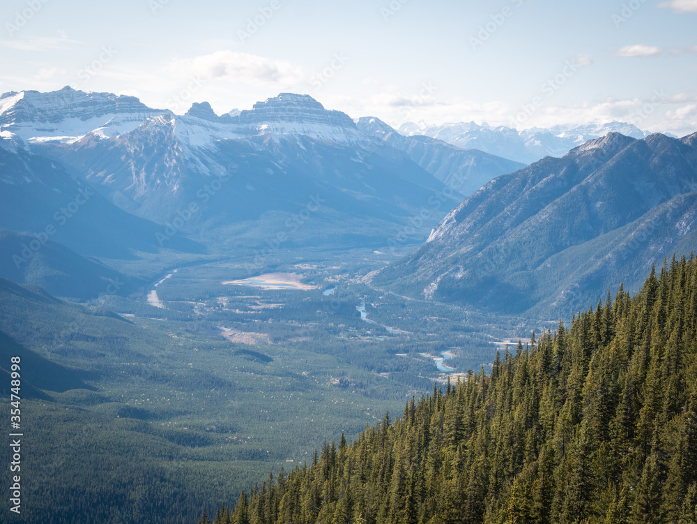 Amazing view on alpine valley surrounded by big mountains, shot at Sulphur Mountain Summit, Banff National Park, Alberta, Canada